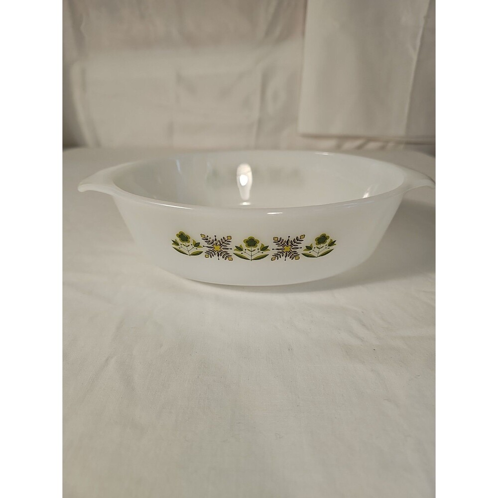 Vintage 1960s Fire King Anchor Hocking Milk Glass Casserole Dish- Green Meadow